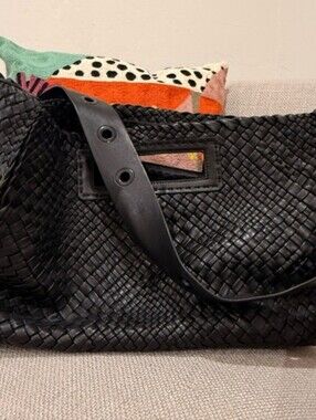 Falorini Firenzi Italian Black Woven Leather Tote Interecciato Crossbody Bag